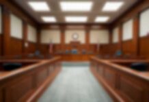 ISIS Bride Trial Takes Wild Turn Empty courtroom with wooden benches and judge's bench