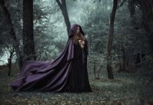 Woman in a flowing purple cloak holding a book in a misty forest