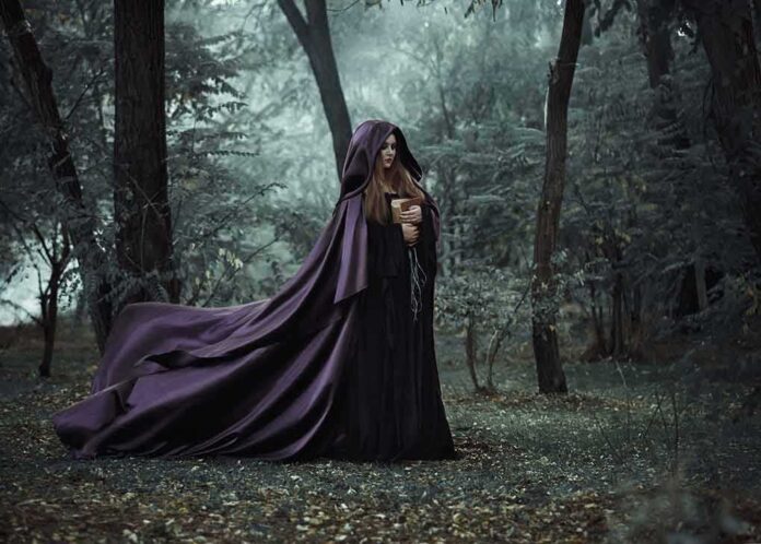 shutterstock_500896363 Woman in a flowing purple cloak holding a book in a misty forest