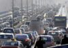 Heavy traffic jam on multi-lane city bridge