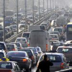 Heavy traffic jam on multi-lane city bridge