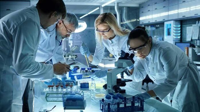 shutterstock_691541095-1 Scientists collaborating in a laboratory around a microscope